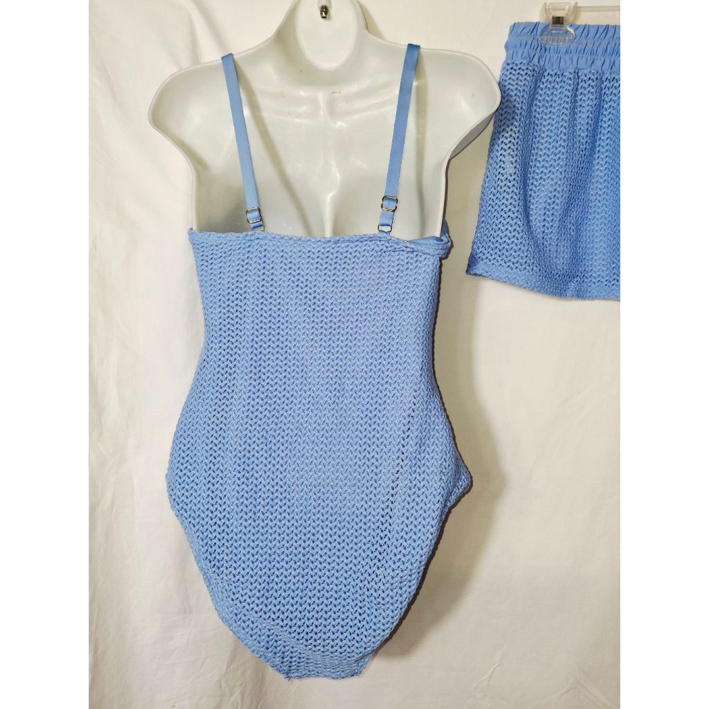 Catalina Blue Crochet One Piece Swimsuit with Shorts L 12-14 beach vacation - Picture 4 of 6